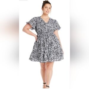 Terra & Sky Plus Size Cotton V-Neck black and white floral dress NWT